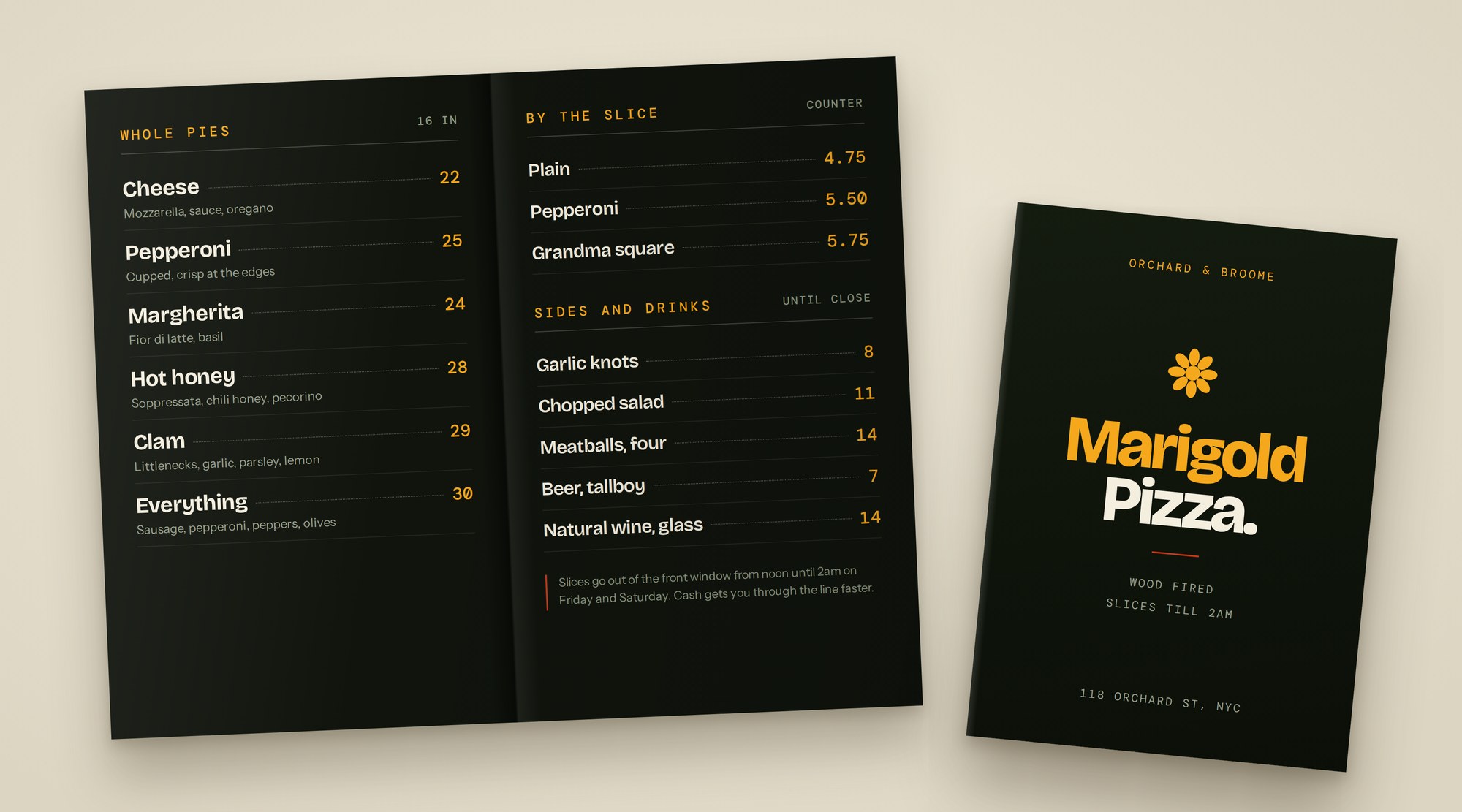 Marigold Pizza printed menu
